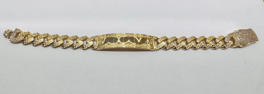 10K GOLD MONACO ID BRACELET WITH VERSACE DESIGN 9.5”, WIDTH: 13mm, WEIGHT: 27gm
