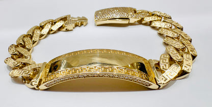 10K GOLD MONACO ID BRACELET WITH VERSACE DESIGN 9”, WIDTH: 14.4mm, WEIGHT: 32.6gm