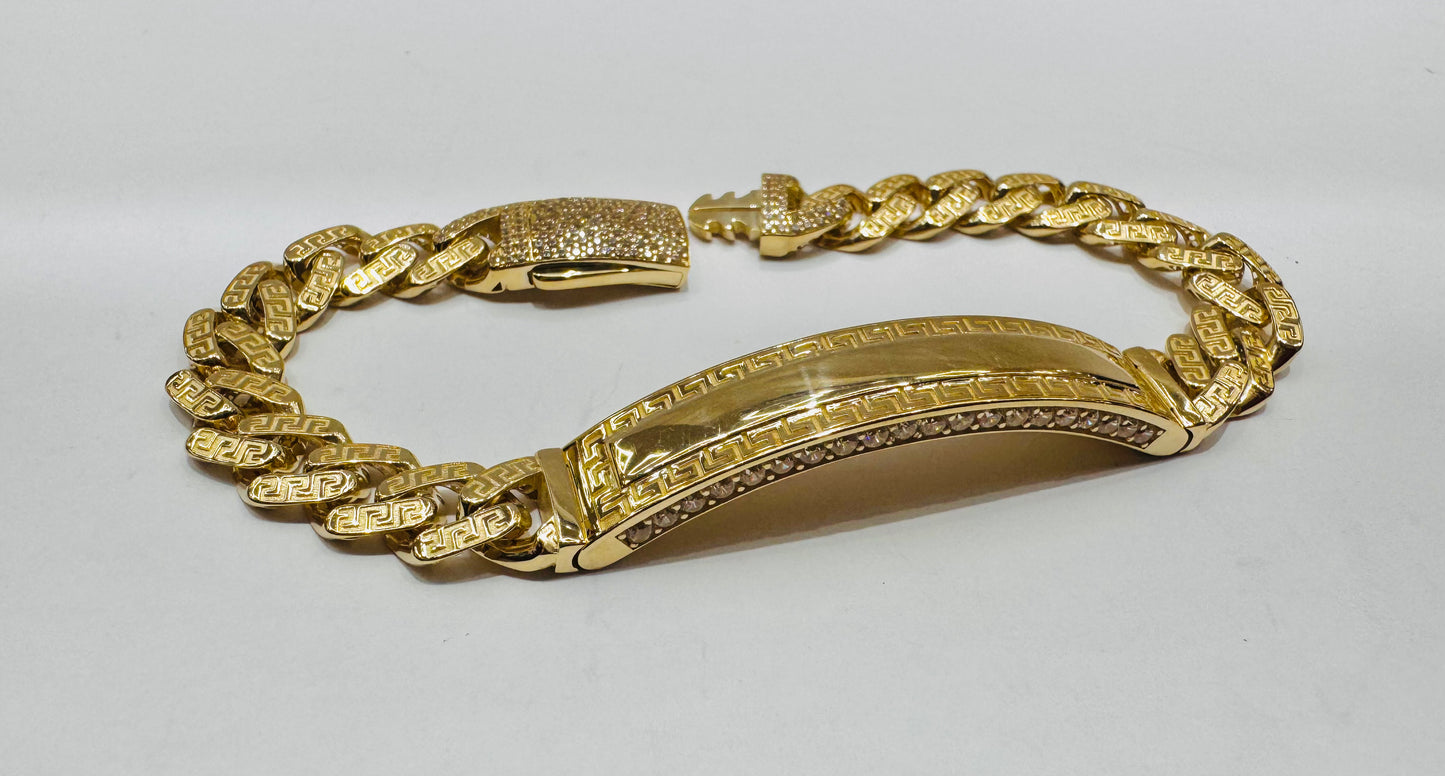 10K GOLD MONACO ID BRACELET WITH VERSACE DESIGN 8”, WIDTH: 9mm, WEIGHT: 14.1gm