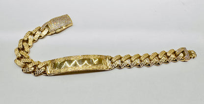 10K GOLD MONACO ID BRACELET WITH VERSACE DESIGN 8”, WIDTH: 9mm, WEIGHT: 14.1gm