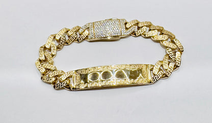 10K GOLD MONACO ID BRACELET WITH VERSACE DESIGN 9.5”, WIDTH: 13mm, WEIGHT: 27gm