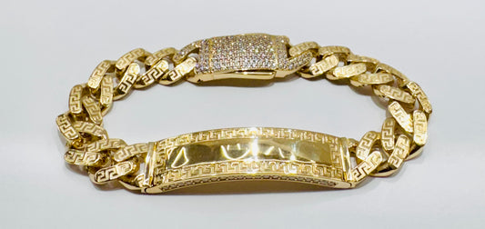 10K GOLD MONACO ID BRACELET WITH VERSACE DESIGN 8.5”, WIDTH: 13mm, WEIGHT: 24.8gm