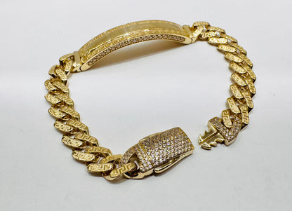 10K GOLD MONACO ID BRACELET WITH VERSACE DESIGN 8”, WIDTH: 9mm, WEIGHT: 14.1gm