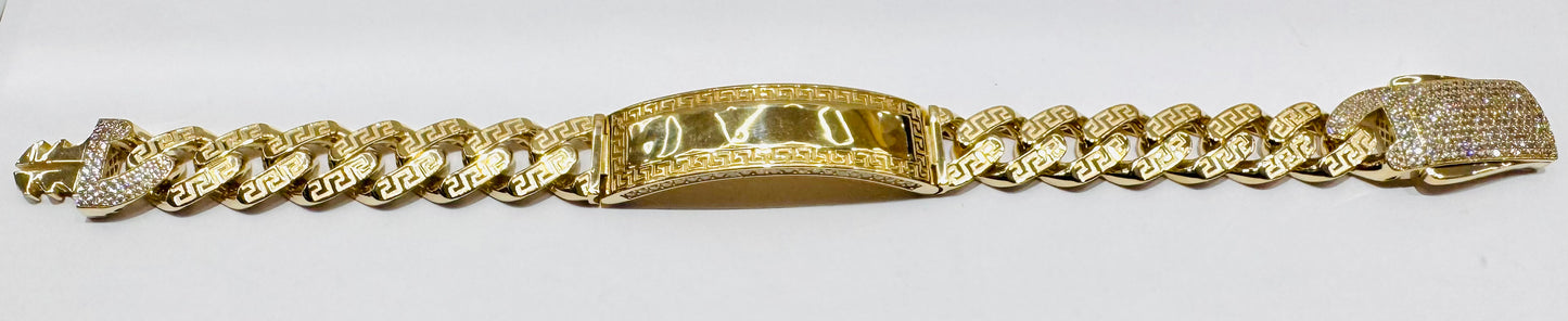 10K GOLD MONACO ID BRACELET WITH VERSACE DESIGN 9”, WIDTH: 14.4mm, WEIGHT: 32.6gm