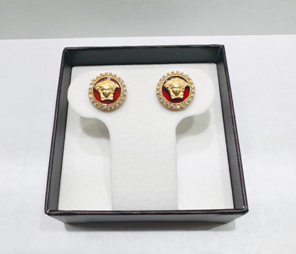 10K GOLD RED ENAMEL MEDUSA STUD EARRINGS, WEIGHT: 2.6gm