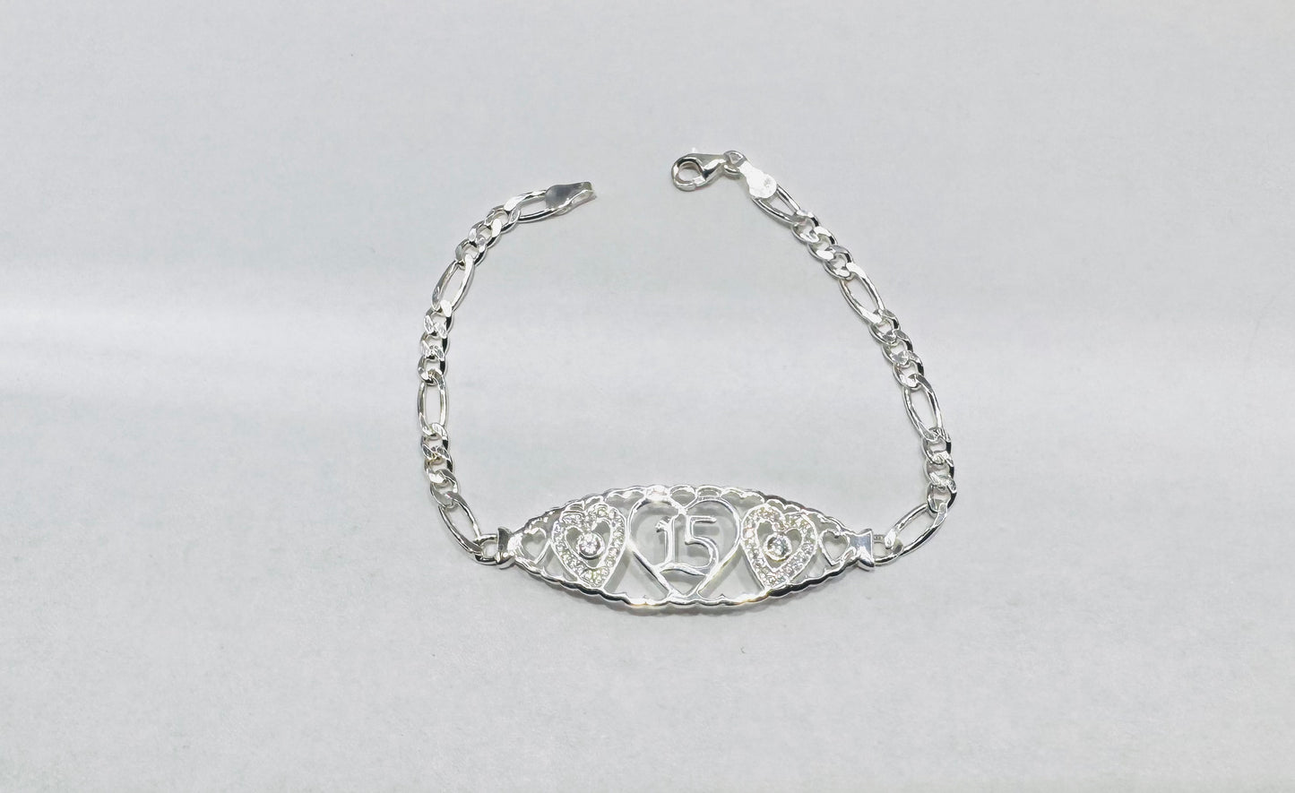 SILVER QUINCEANERA FIGARO LINK BRACELET 7”, WEIGHT: 6.6gm