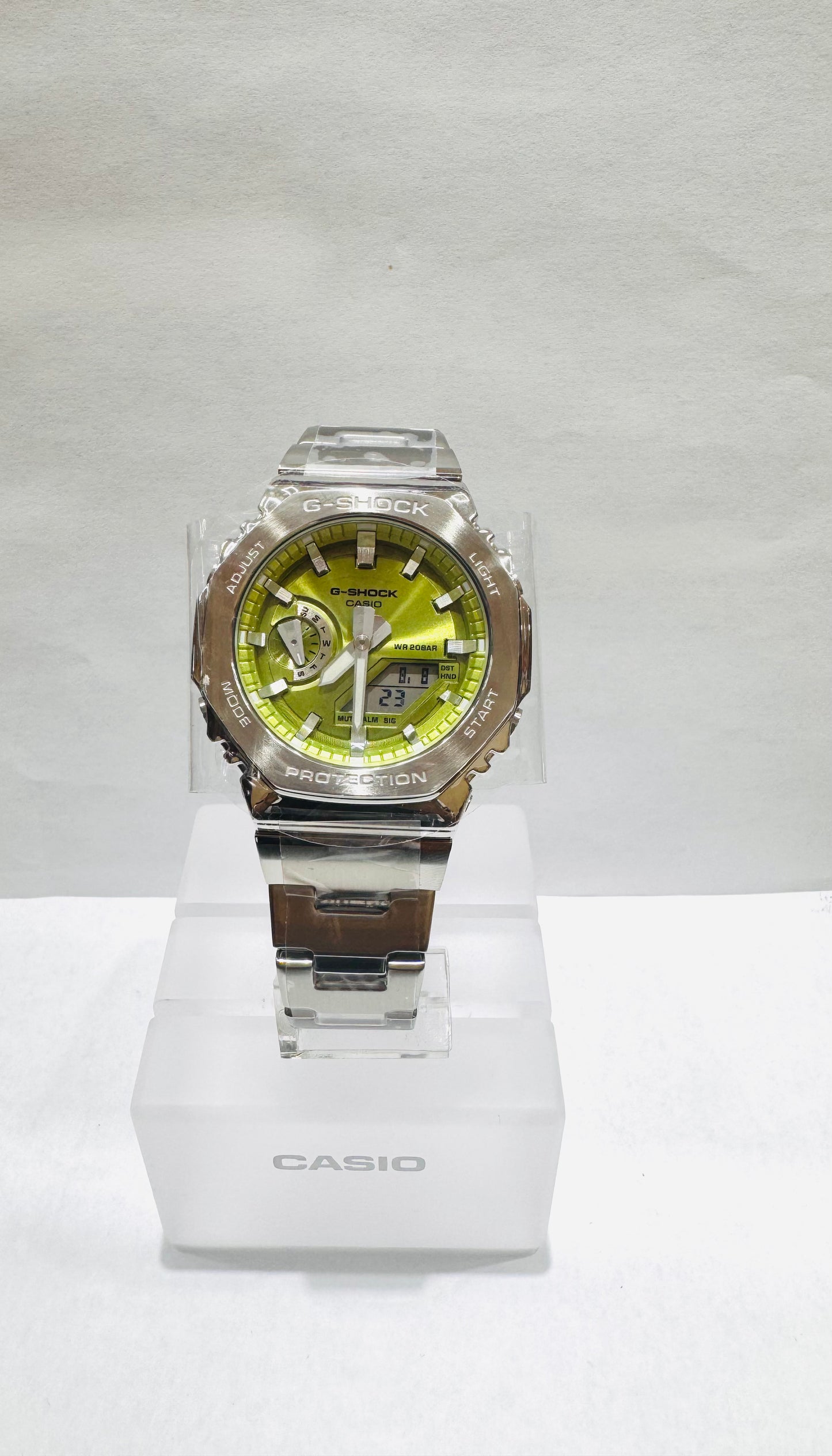 Men’s Casio G-Shock GM2110D-3A, G-Steel Analog Digital Lime Green Dial Stainless Steel Watch