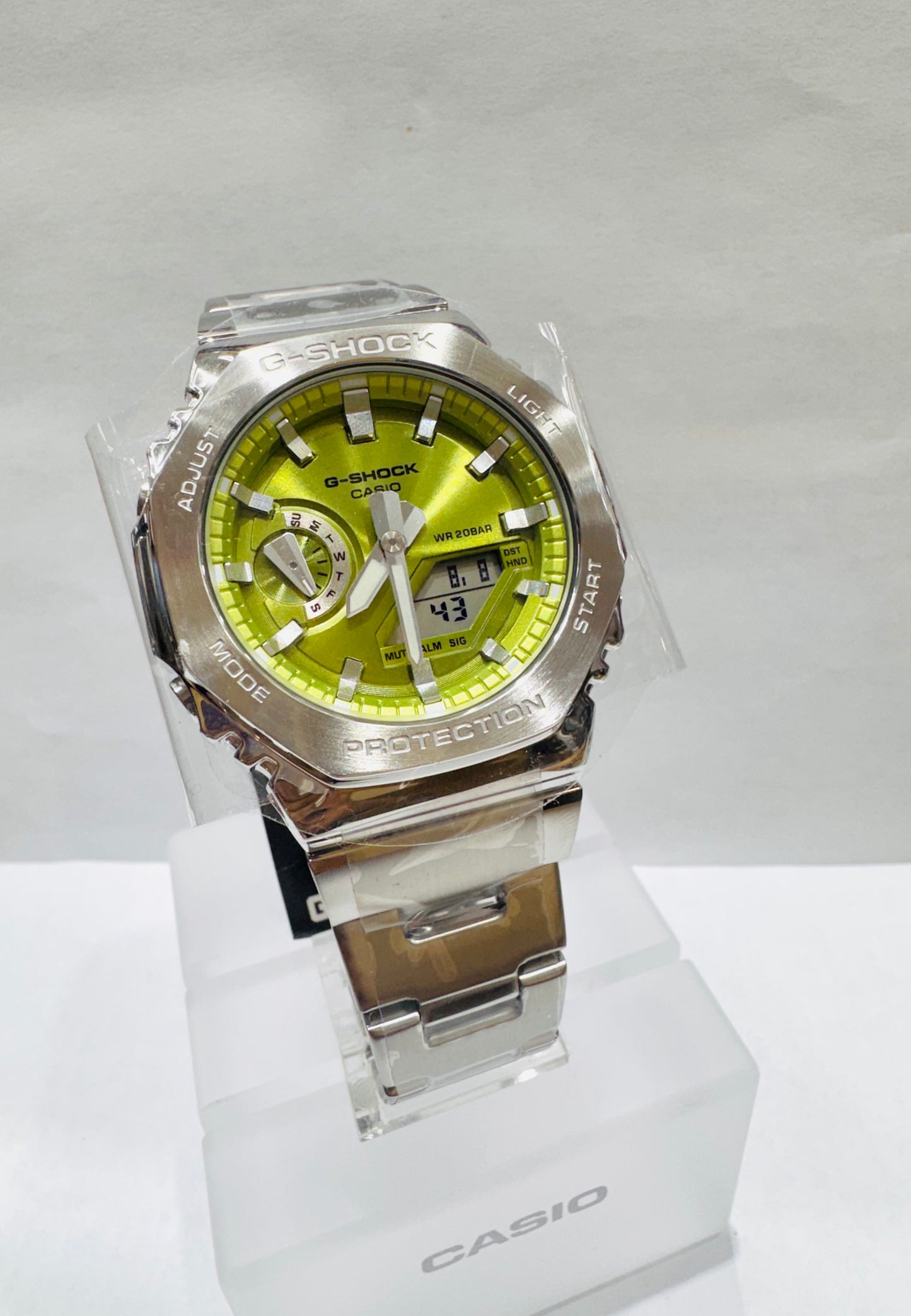 Men’s Casio G-Shock GM2110D-3A, G-Steel Analog Digital Lime Green Dial Stainless Steel Watch