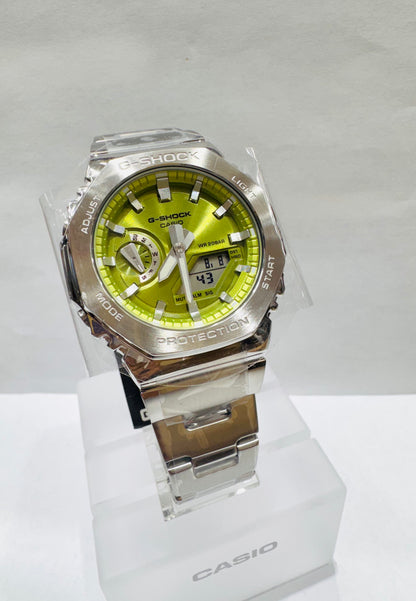 Men’s Casio G-Shock GM2110D-3A, G-Steel Analog Digital Lime Green Dial Stainless Steel Watch