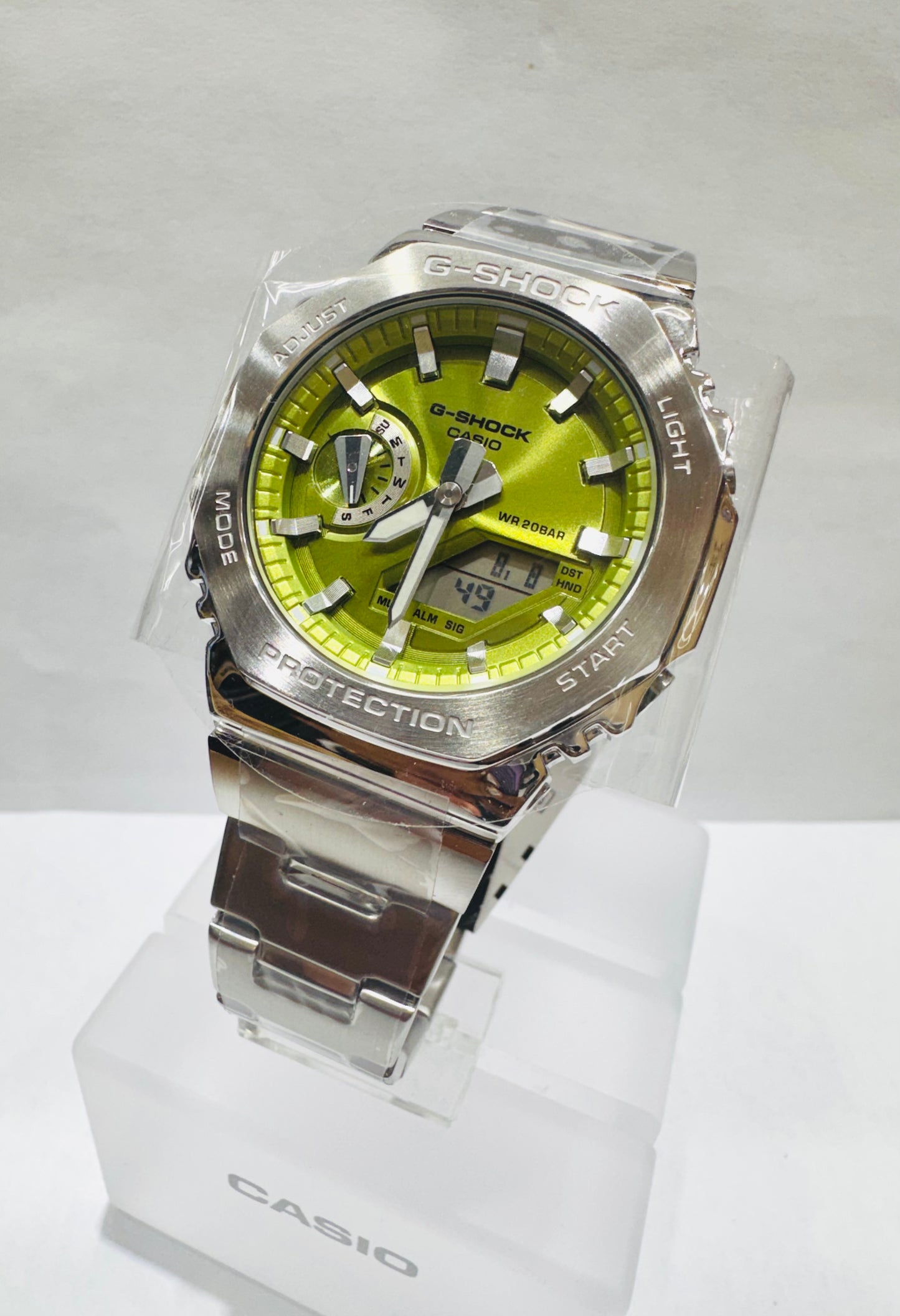 Men’s Casio G-Shock GM2110D-3A, G-Steel Analog Digital Lime Green Dial Stainless Steel Watch