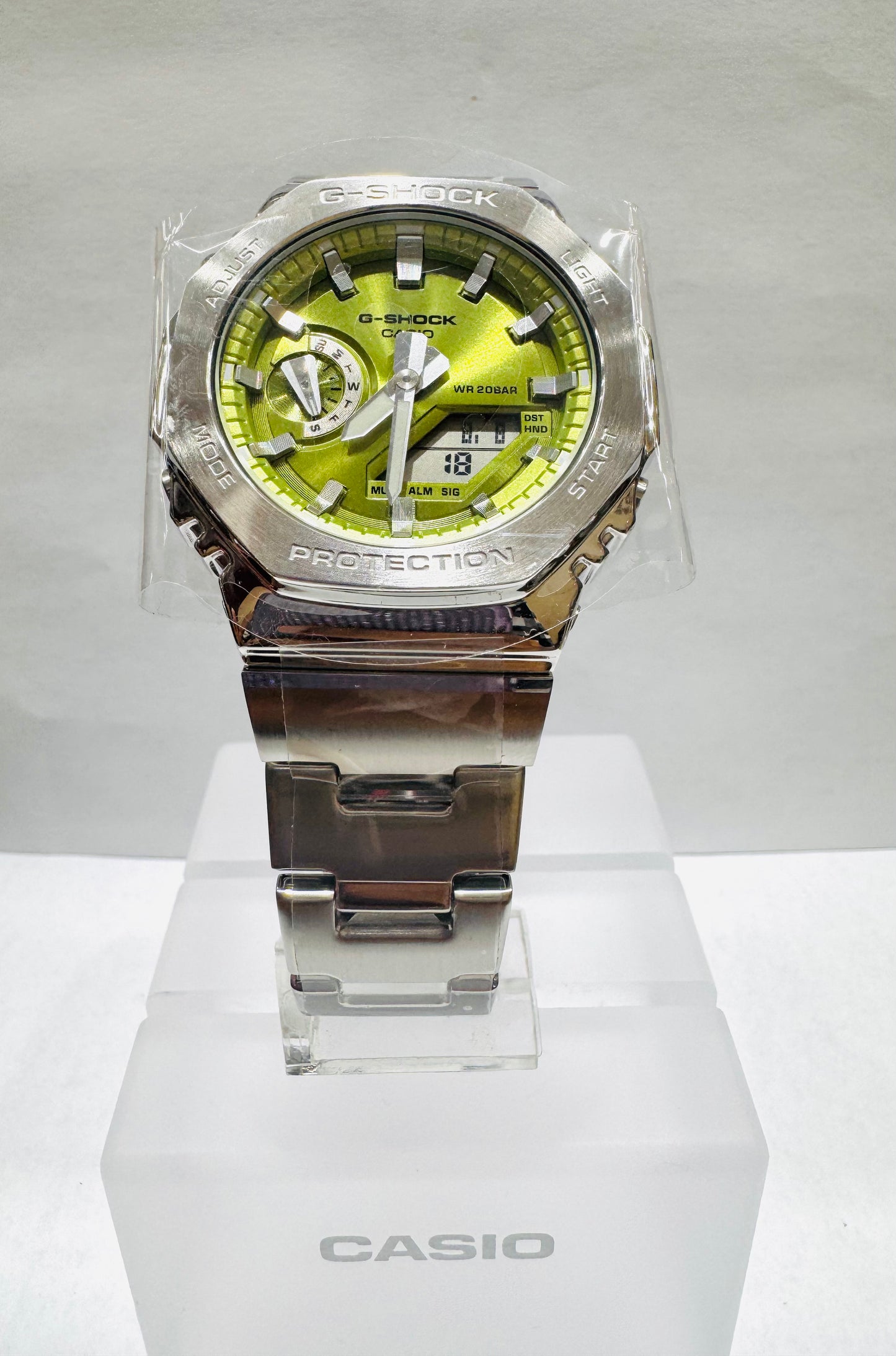 Men’s Casio G-Shock GM2110D-3A, G-Steel Analog Digital Lime Green Dial Stainless Steel Watch