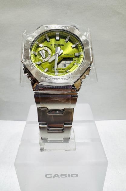 Men’s Casio G-Shock GM2110D-3A, G-Steel Analog Digital Lime Green Dial Stainless Steel Watch
