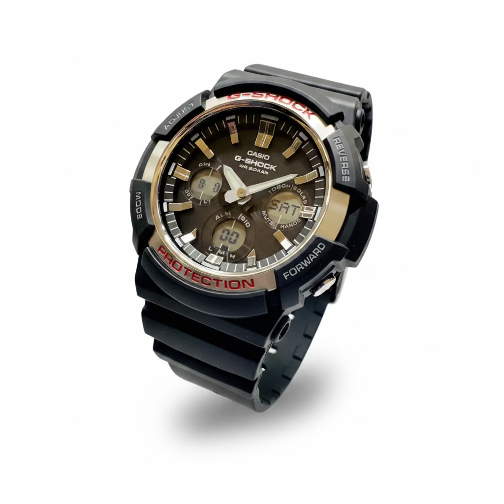 Men’s Casio G-Shock GAS-100 Silver Analog Digital Tough Solar Black strap Watch