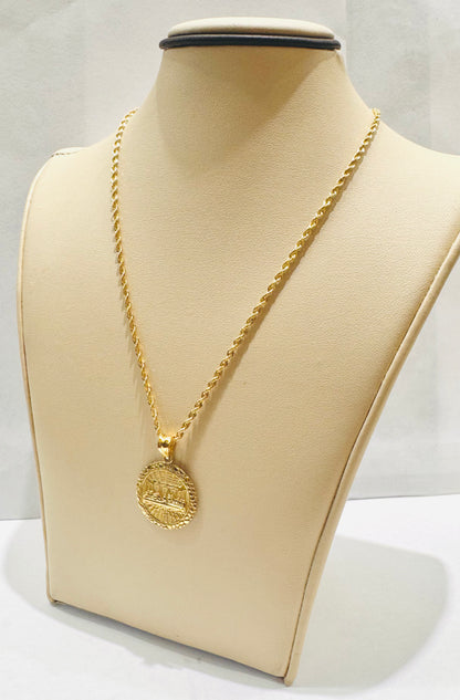 10K GOLD HOLLOW ROPE CHAIN 20”, WEIGHT: 1.7gm, WIDTH: 1.5mm WITH SMALL ROUND LASTSUPPER PENDANT, WEIGHT: 1.7gm