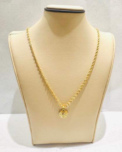 10K GOLD HOLLOW ROPE CHAIN 18”, WEIGHT: 3gm, WIDTH: 2.3mm WITH SMALL HEART PENDANT, WEIGHT: 0.6gm