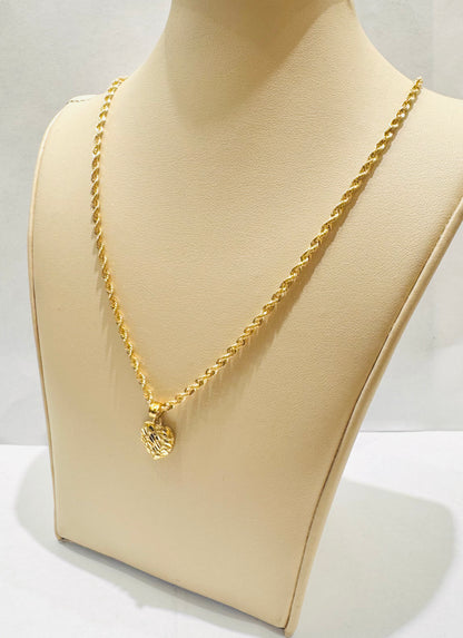 10K GOLD HOLLOW ROPE CHAIN 18”, WEIGHT: 3gm, WIDTH: 2.3mm WITH SMALL HEART PENDANT, WEIGHT: 0.6gm