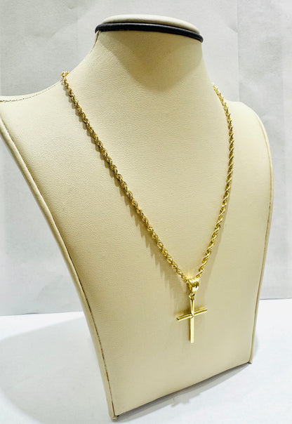 10K GOLD HOLLOW ROPE CHAIN 20”, WEIGHT: 3.3gm, WIDTH: 2.4mm WITH SMALL CROSS PENDANT, WEIGHT: 0.7gm