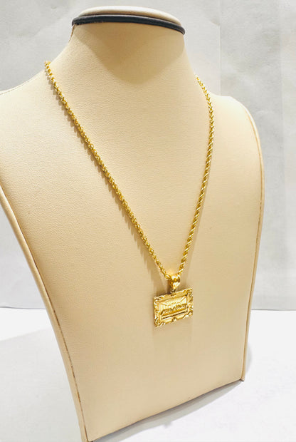 10K GOLD HOLLOW ROPE CHAIN 20”, WEIGHT: 1.5gm, WIDTH: 1.8mm WITH SMALL SQUARE LASTSUPPER PENDANT, WEIGHT: 1.5gm