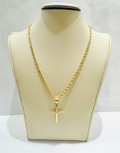 10K GOLD HOLLOW ROPE CHAIN 20”, WEIGHT: 3.3gm, WIDTH: 2.4mm WITH SMALL CROSS PENDANT, WEIGHT: 0.7gm