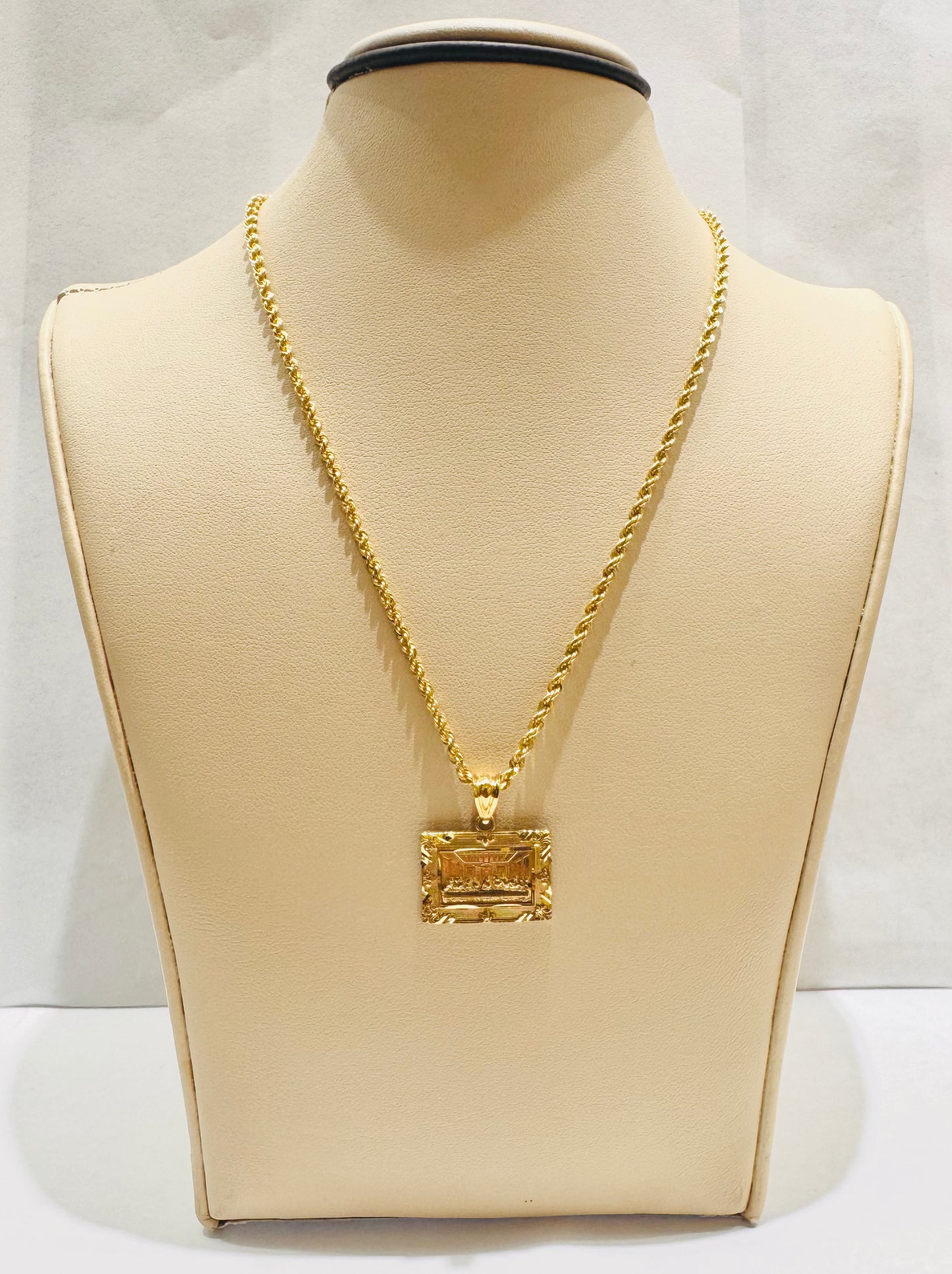 10K GOLD HOLLOW ROPE CHAIN 20”, WEIGHT: 1.5gm, WIDTH: 1.8mm WITH SMALL SQUARE LASTSUPPER PENDANT, WEIGHT: 1.5gm