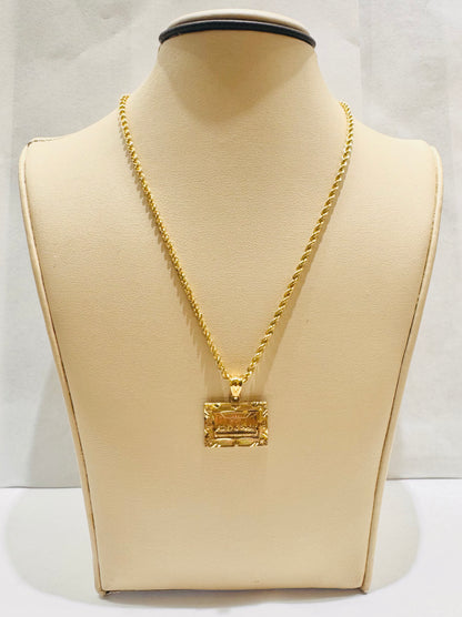 10K GOLD HOLLOW ROPE CHAIN 20”, WEIGHT: 1.5gm, WIDTH: 1.8mm WITH SMALL SQUARE LASTSUPPER PENDANT, WEIGHT: 1.5gm