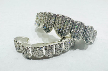 SILVER MOISSANITE SOLID GRILLZ 8 TOP & 8 BOTTOM