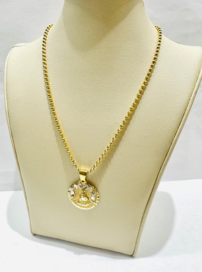 10K GOLD BEADED  NECKLACE 17” WITH VIRGEN DE LA CARIDAD DEL COBRE PENDANT SET, WEIGHT: 10gm