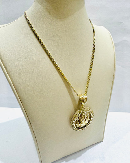 10K GOLD SOLID MIAMI CUBAN NECKLACE 24” WITH VIRGEN DE LA CARIDAD DEL COBRE PENDANT SET, WEIGHT: 17.8gm