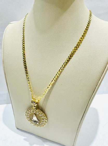 10K GOLD CUBAN LINK NECKLACE 22” WITH VIRGEN DE LA CARIDAD DEL COBRE PENDANT, WEIGHT: 13gm