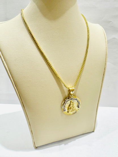 10K GOLD SOLID FRANCO NECKLACE 20” WITH VIRGEN DE LA CARIDAD DEL COBRE PENDANT SET, WEIGHT: 13.5gm