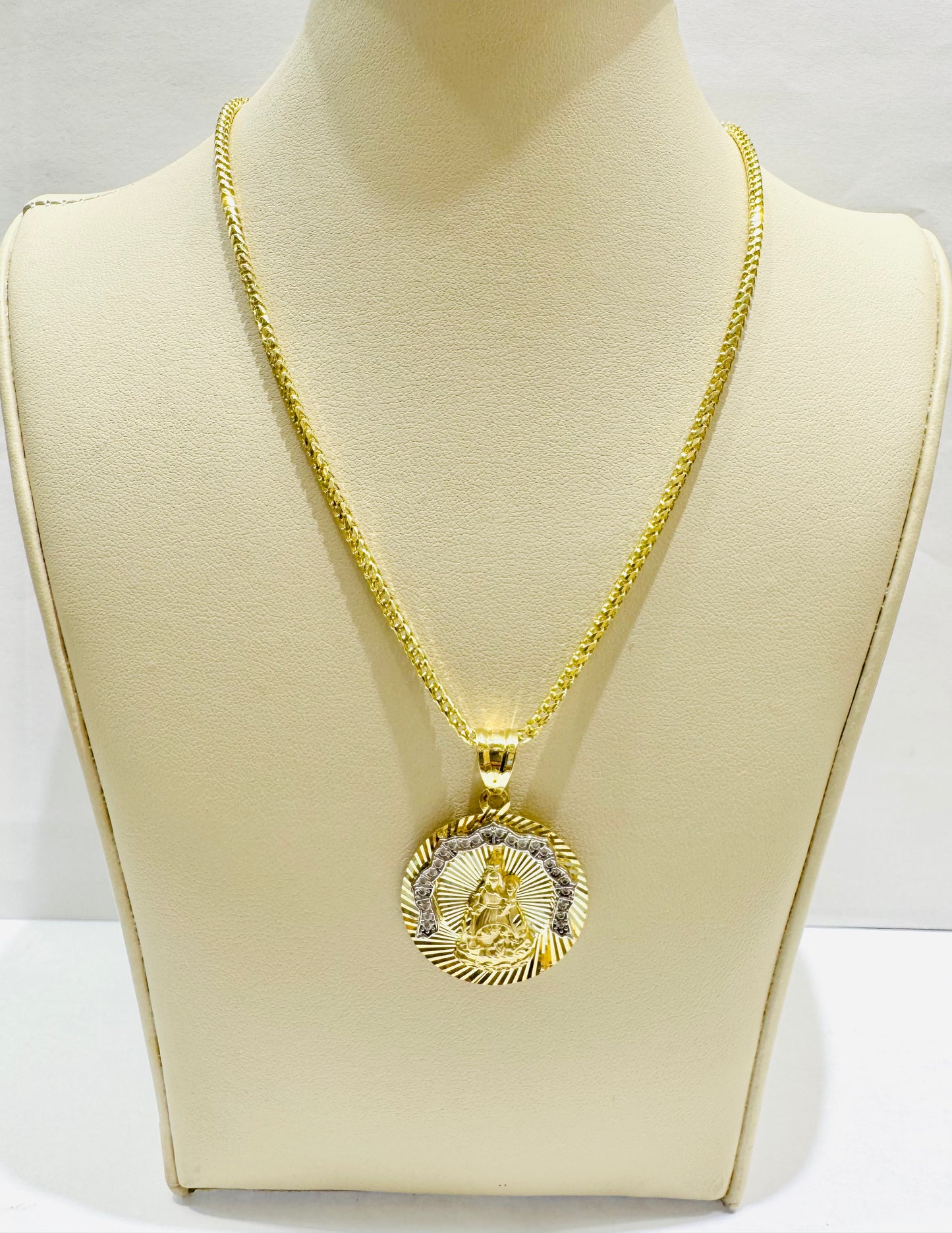 10K GOLD SOLID FRANCO NECKLACE 20” WITH VIRGEN DE LA CARIDAD DEL COBRE PENDANT SET, WEIGHT: 13.5gm