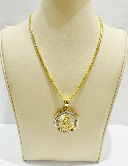 10K GOLD SOLID FRANCO NECKLACE 20” WITH VIRGEN DE LA CARIDAD DEL COBRE PENDANT SET, WEIGHT: 13.5gm