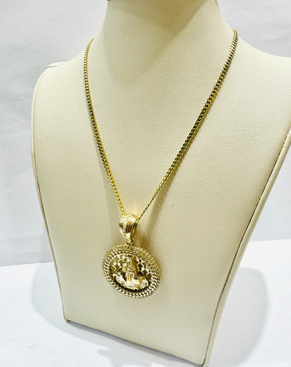 10K GOLD SOLID MIAMI CUBAN NECKLACE 24” WITH VIRGEN DE LA CARIDAD DEL COBRE PENDANT SET, WEIGHT: 17.8gm