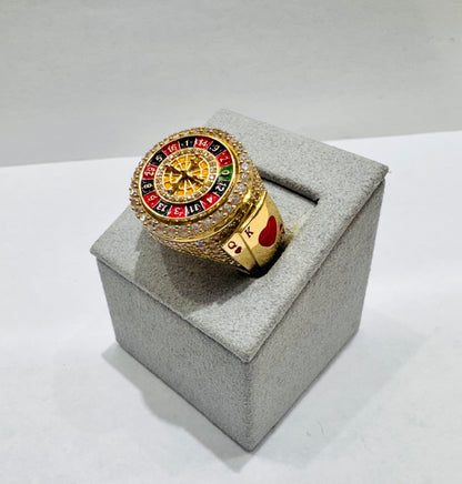 10K GOLD SPINNING CASINO ROULETTE RING WITH ENAMEL AND CZ STONES, WEIGHT: 11gm, SIZE: 10