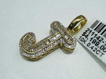 10K GOLD NATURAL DIAMOND INTIAL LETTER “J” PENDANT, 0.42CT