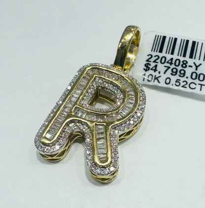 10K GOLD NATURAL DIAMOND INTIAL LETTER “R” PENDANT, 0.52CT