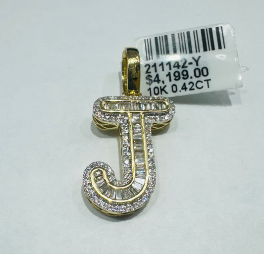 10K GOLD NATURAL DIAMOND INTIAL LETTER “J” PENDANT, 0.42CT