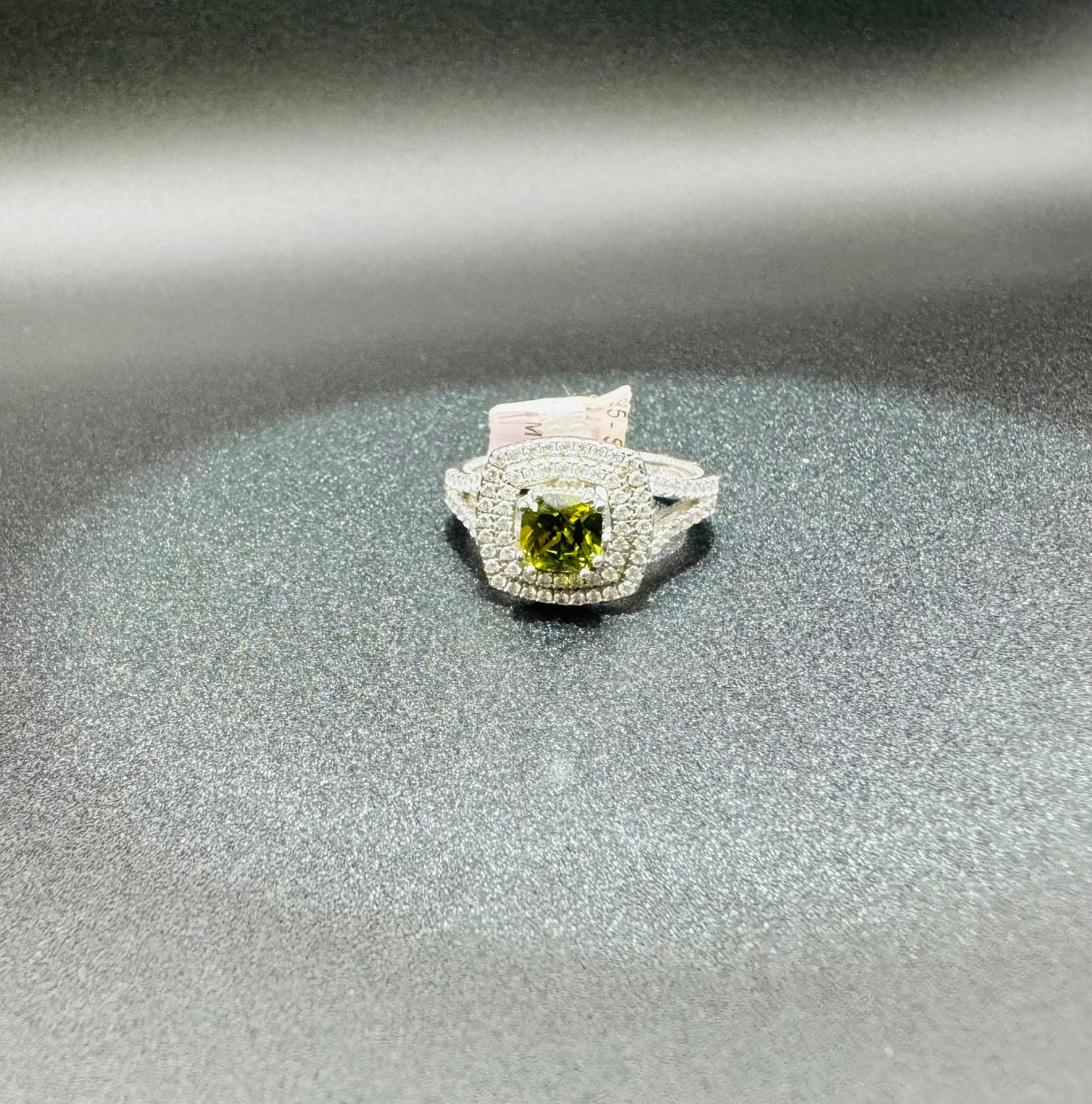 SILVER RING WITH PERIDOT SWAROVSKI STONES, SIZE: 8, WEIGHT: 6.2gm