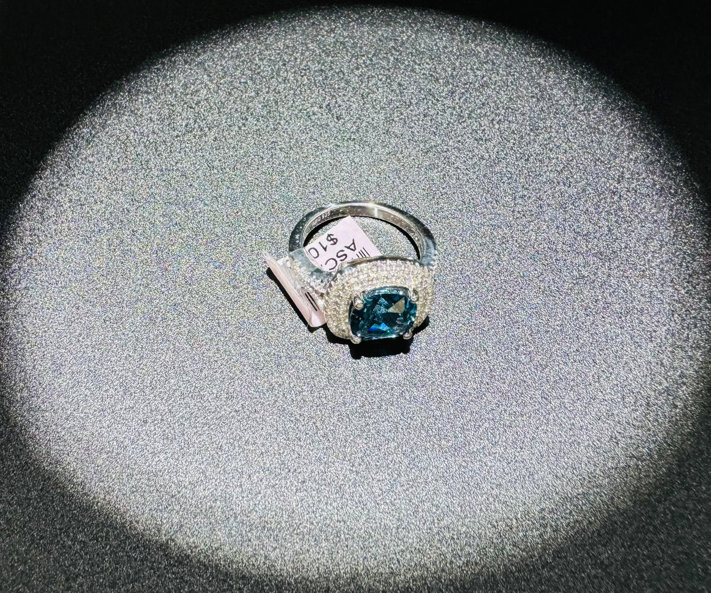 SILVER RING WITH BLUE TOPAZ AND WHITE SWAROVSKI STONES, SIZE: 7, WEIGHT: 5.4gm