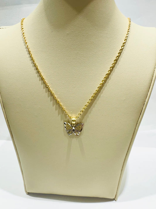 10K GOLD ROPE CHAIN WITH BUTTERFLY PENDANT, WEIGHT: 1.9gm