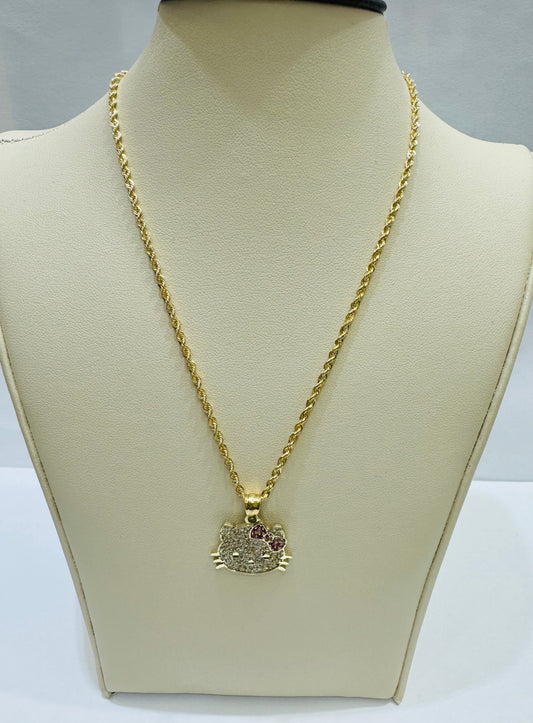 10K GOLD ROPE CHAIN 24” WITH HELLO KITTY PENDANT