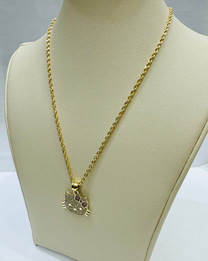 10K GOLD ROPE CHAIN 24” WITH HELLO KITTY PENDANT