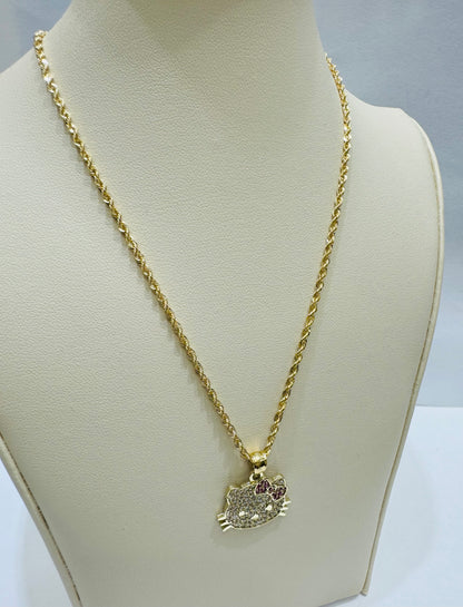 10K GOLD ROPE CHAIN 24” WITH HELLO KITTY PENDANT