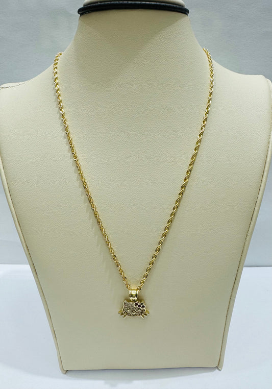 10K GOLD ROPE CHAIN 22” WITH SMALL HELLO KITTY PENDANT