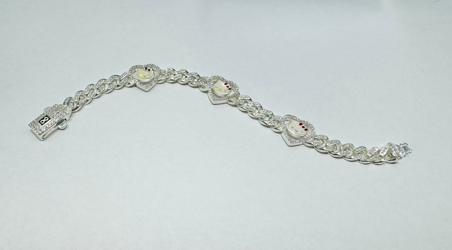 SILVER CUSTOM MADE, HELLO KITTY CUBAN BRACELET WITH CZ STONES, 6” INCH, WEIGHT: 22gm