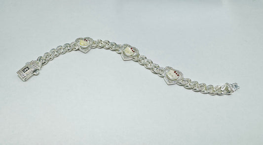 SILVER CUSTOM MADE, HELLO KITTY CUBAN BRACELET WITH CZ STONES, 6” INCH, WEIGHT: 22gm