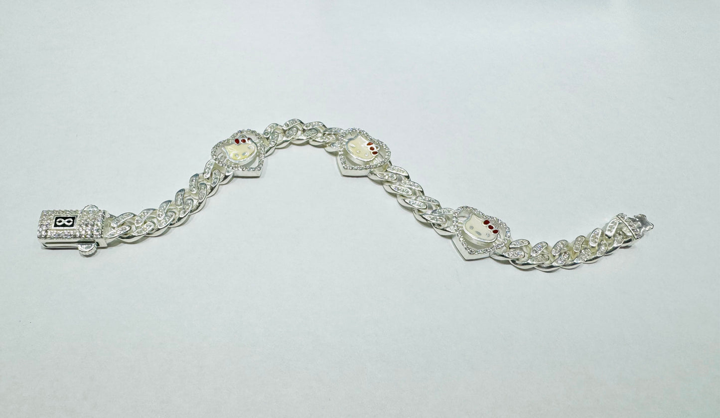 SILVER CUSTOM MADE, HELLO KITTY CUBAN BRACELET WITH CZ STONES, 6” INCH, WEIGHT: 22gm