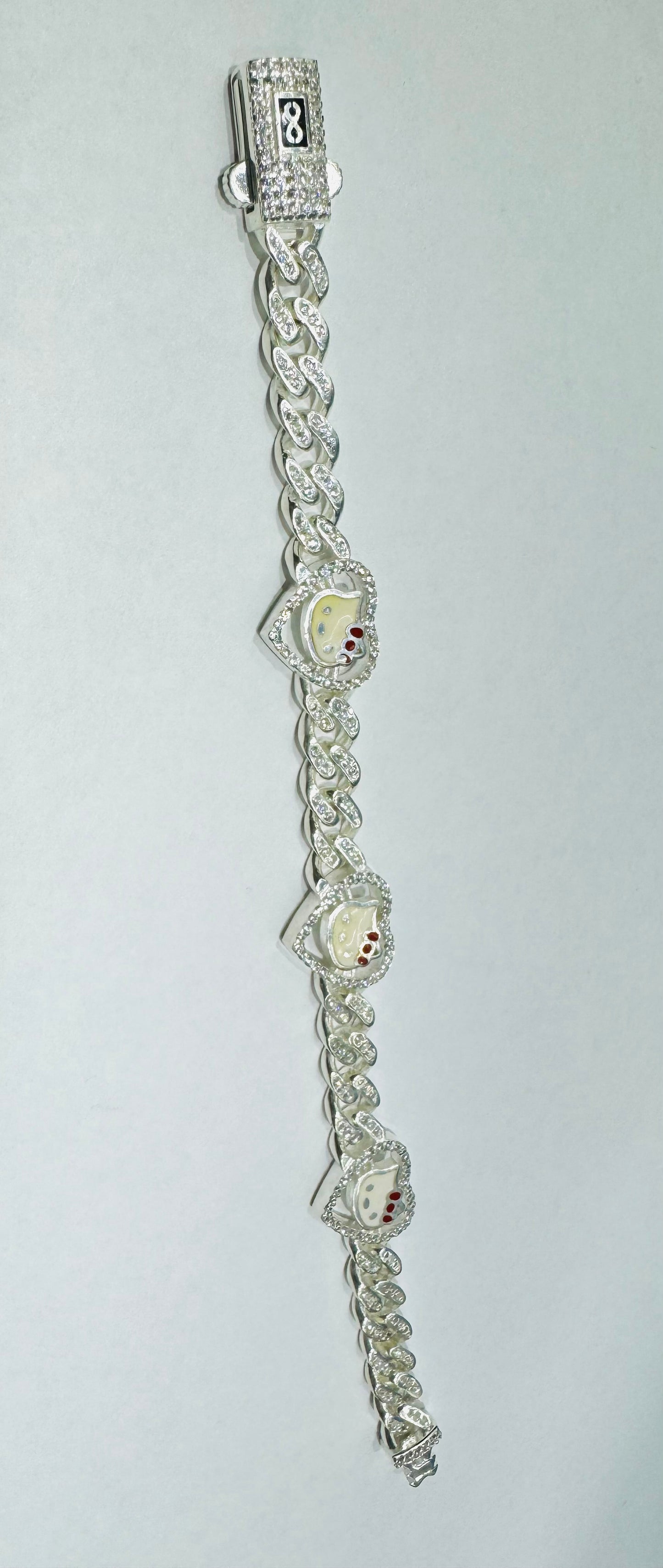 SILVER CUSTOM MADE, HELLO KITTY CUBAN BRACELET WITH CZ STONES, 6” INCH, WEIGHT: 22gm