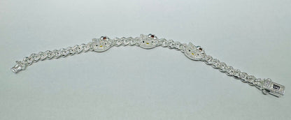 SILVER CUSTOM MADE, HELLO KITTY CUBAN BRACELET WITH CZ STONES, 9” INCH, WEIGHT: 25.6gm
