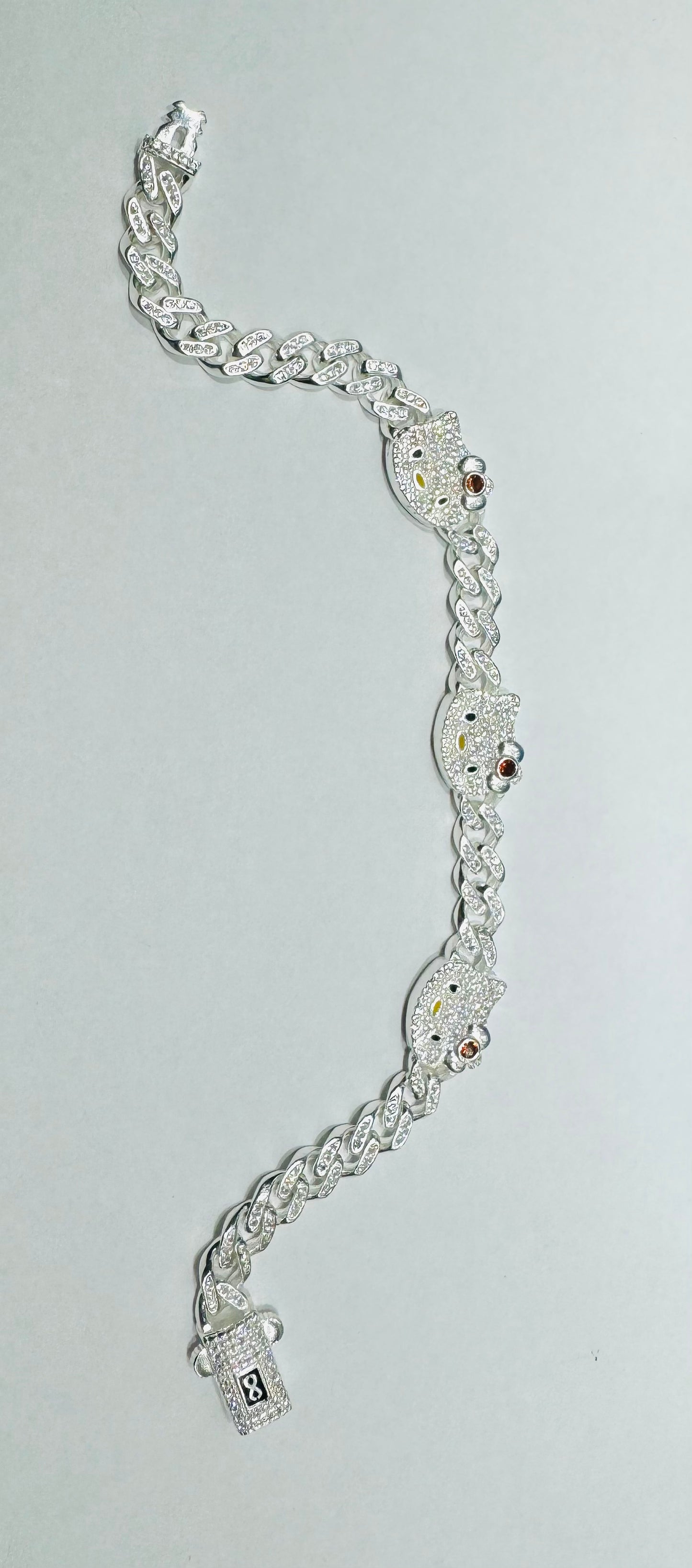 SILVER CUSTOM MADE, HELLO KITTY CUBAN BRACELET WITH CZ STONES, 9” INCH, WEIGHT: 25.6gm